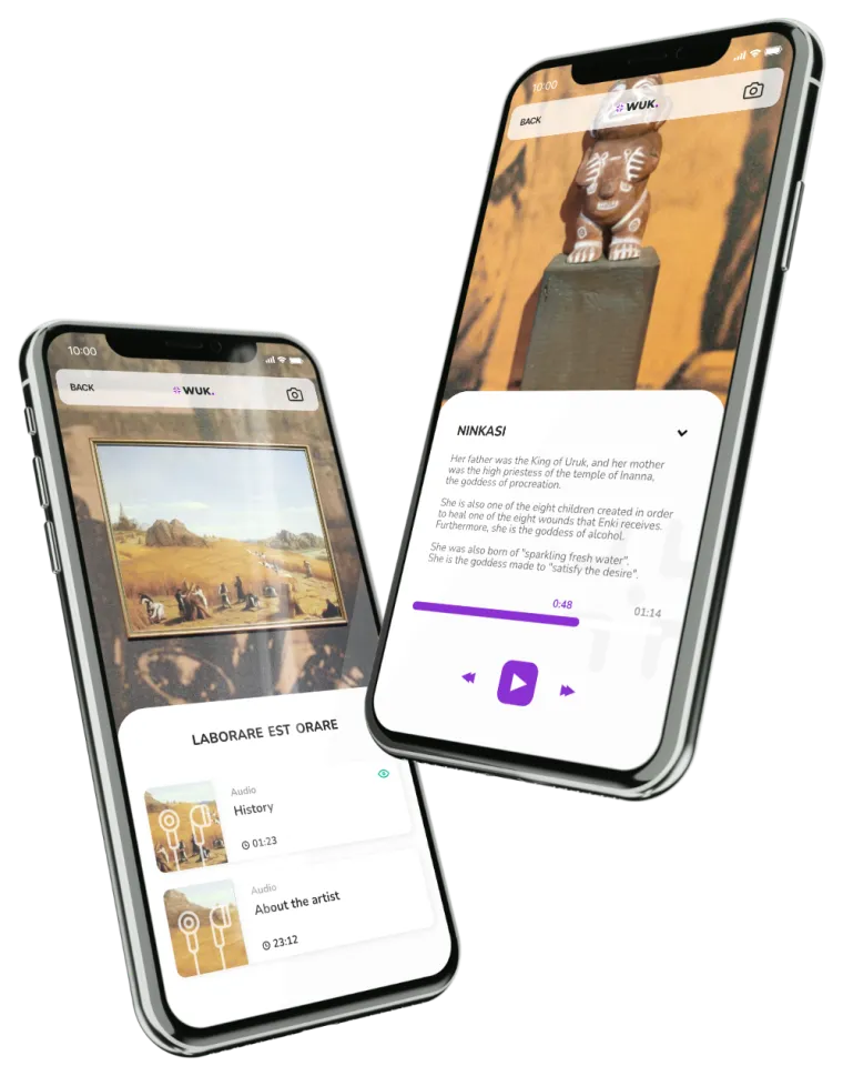 De WUK-app op twee telefoons: een schilderij met audiofragmenten en een beeld met tekst en audiospeler